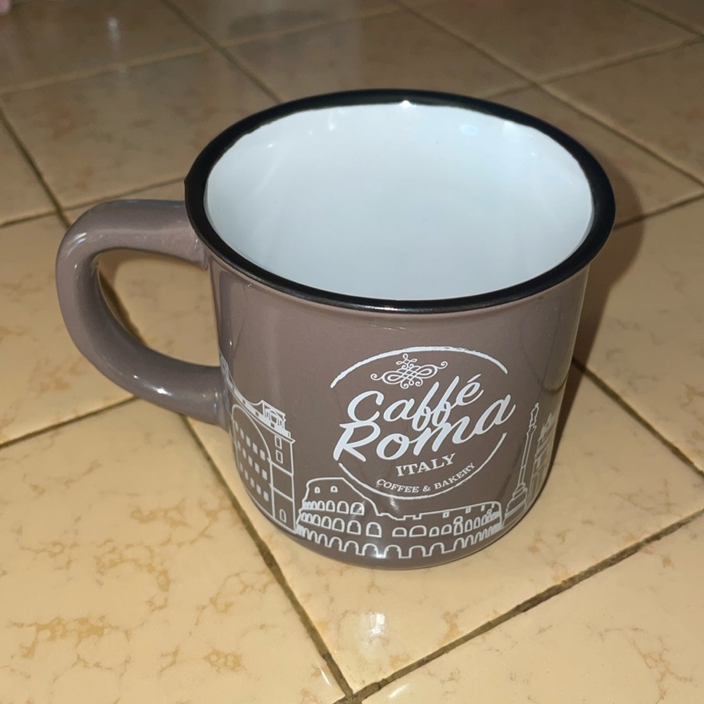 Brown and white mug with black trim